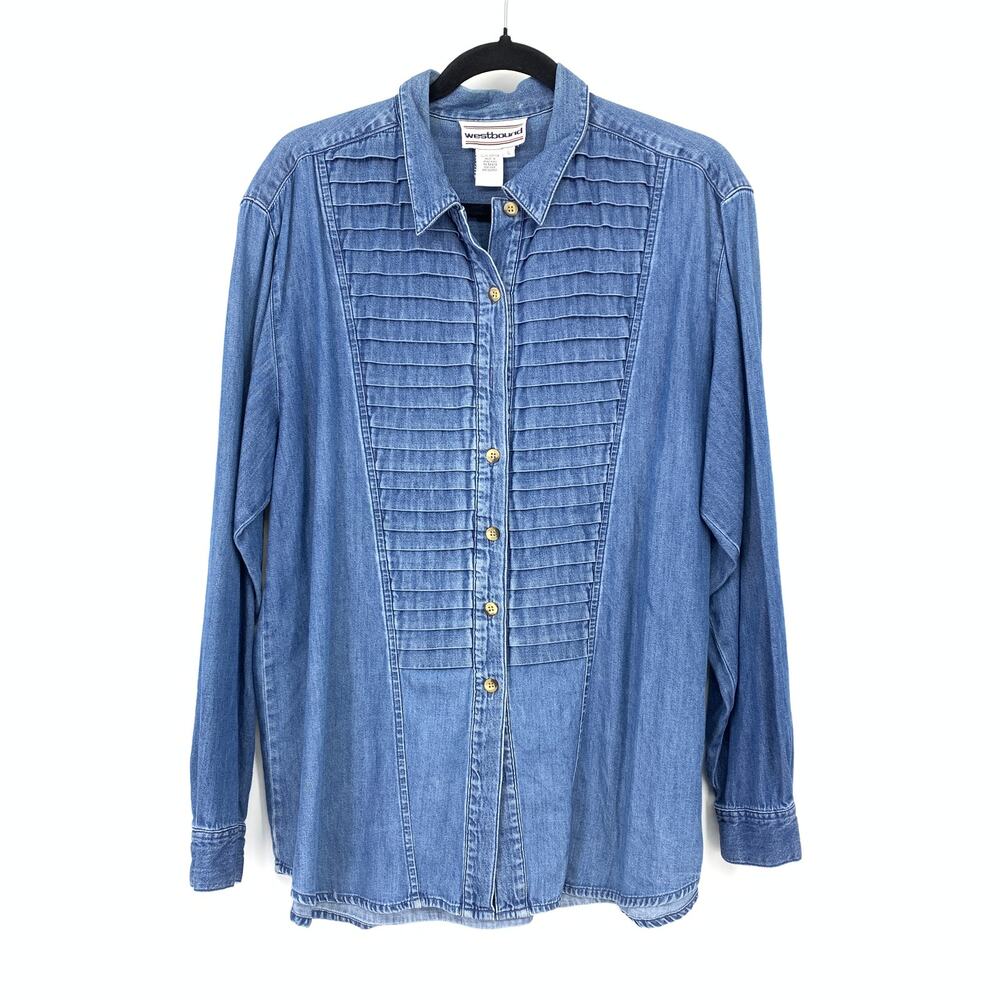 Vintage Westbound Denim Tuxedo Shirt Womens L Pintuck Pleated Button Down 90s